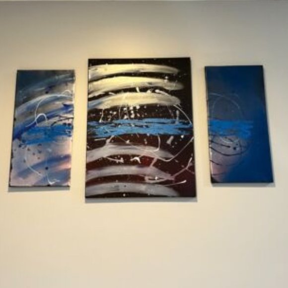 Homemade Thin Blue Line Abstract Triptych One of a Kind on Large Canvas - Picture 1 of 7